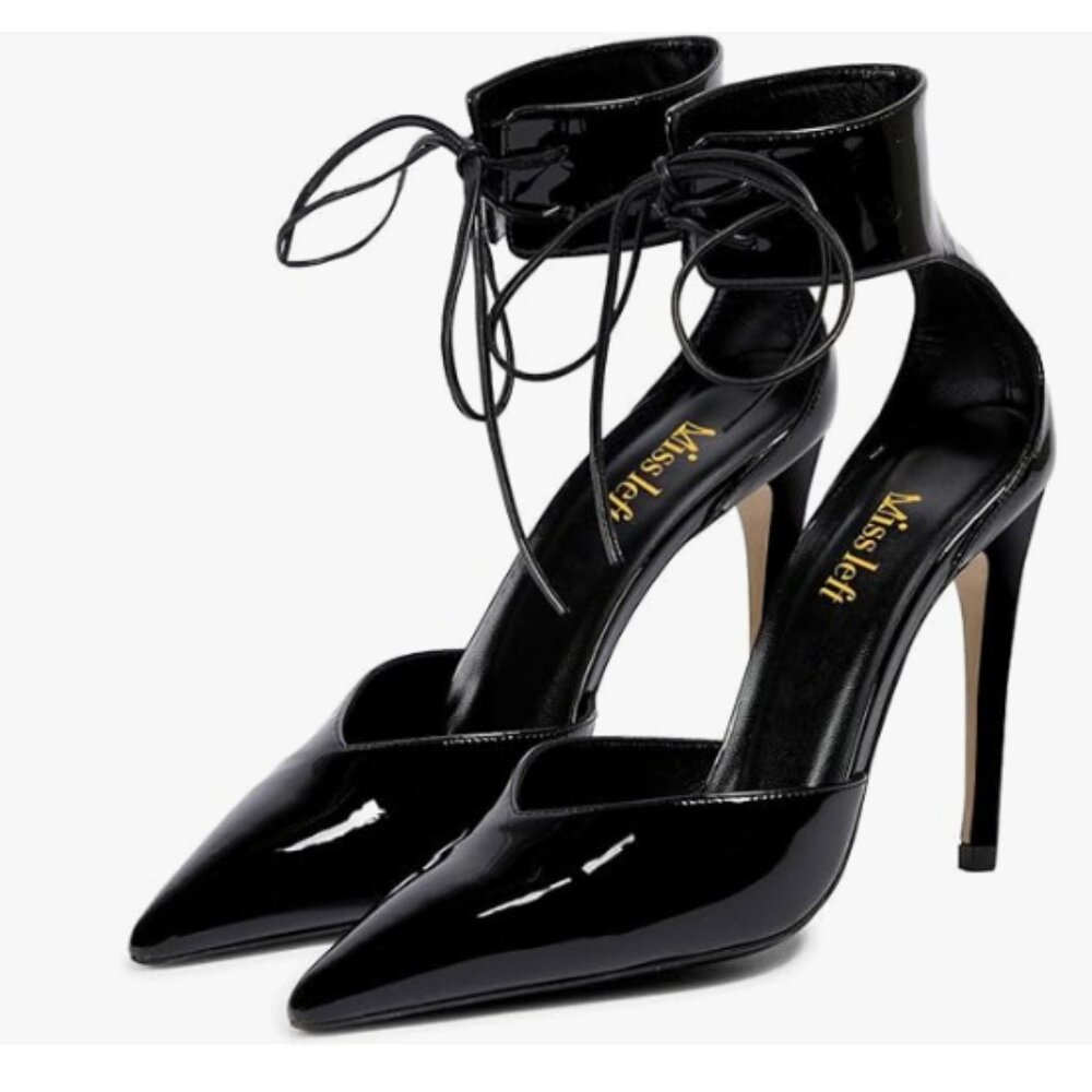 Miss Left Black Pointed Toe D'Orsay Pumps Ankle Wrap Lace Up High Heel Sandals